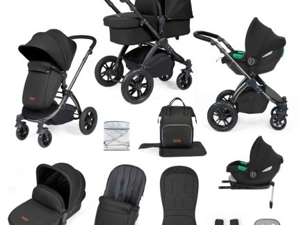 Ickle Bubba Stomp Luxe 12 Piece Travel System with i-Size Cirrus Car Seat & ISOFIX Base - Black / Midnight / Black