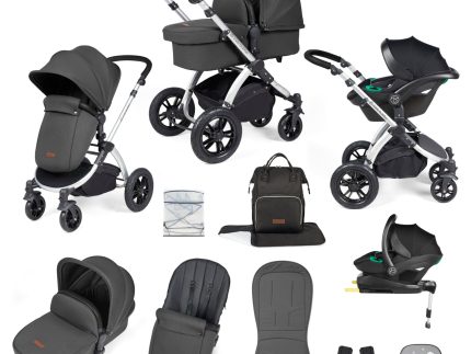 Ickle Bubba Stomp Luxe 12 Piece Travel System with i-Size Stratus Car Seat & ISOFIX Base - Silver / Charcoal Grey / Black