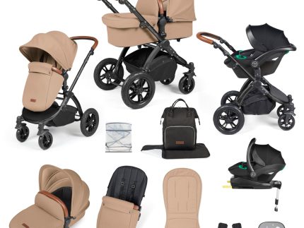 Ickle Bubba Stomp Luxe 12 Piece Travel System with i-Size Stratus Car Seat & ISOFIX Base - Black / Desert / Tan