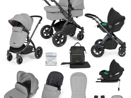 Ickle Bubba Stomp Luxe 12 Piece Travel System with i-Size Cirrus Car Seat & ISOFIX Base - Black / Pearl Grey / Black