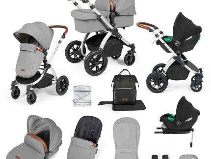 Ickle Bubba Stomp Luxe 12 Piece Travel System with i-Size Cirrus Car Seat & ISOFIX Base - Silver / Pearl Grey / Tan