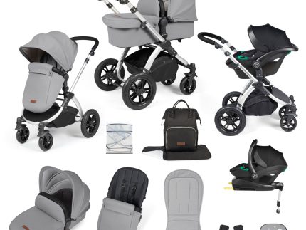 Ickle Bubba Stomp Luxe 12 Piece Travel System with i-Size Stratus Car Seat & ISOFIX Base - Silver / Pearl Grey / Black