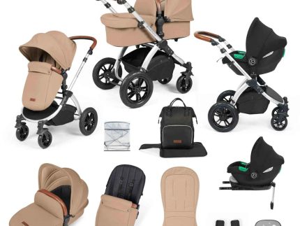 Ickle Bubba Stomp Luxe 12 Piece Travel System with i-Size Cirrus Car Seat & ISOFIX Base - Silver / Desert / Tan