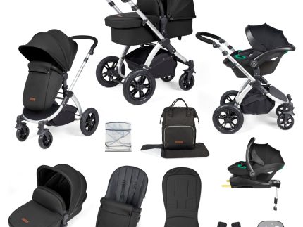 Ickle Bubba Stomp Luxe 12 Piece Travel System with i-Size Stratus Car Seat & ISOFIX Base - Silver / Midnight / Black