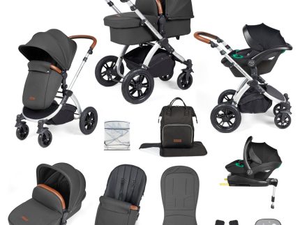 Ickle Bubba Stomp Luxe 12 Piece Travel System with i-Size Stratus Car Seat & ISOFIX Base - Silver / Charcoal Grey / Tan