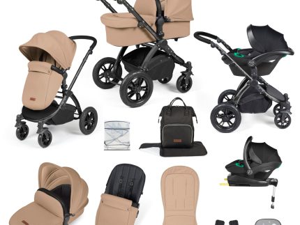 Ickle Bubba Stomp Luxe 12 Piece Travel System with i-Size Stratus Car Seat & ISOFIX Base - Black / Desert / Black