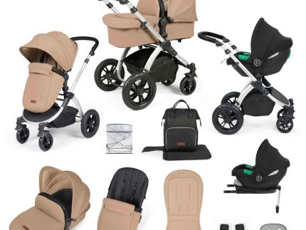 Ickle Bubba Stomp Luxe 12 Piece Travel System with i-Size Cirrus Car Seat & ISOFIX Base - Silver / Desert / Black