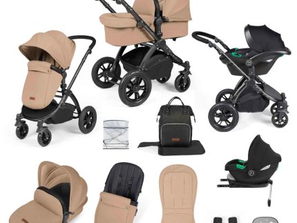 Ickle Bubba Stomp Luxe 12 Piece Travel System with i-Size Cirrus Car Seat & ISOFIX Base - Black / Desert / Black