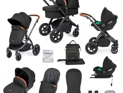Ickle Bubba Stomp Luxe 12 Piece Travel System with i-Size Cirrus Car Seat & ISOFIX Base - Black / Midnight / Tan